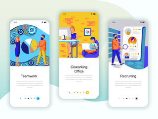 Set of onboarding screens user interface kit for Teamwork, Coworking Office, Recruiting, mobile app templates concept. Modern UX, UI screen for mobile or responsive web site. Vector illustration.