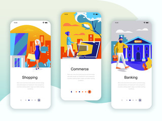 Set of onboarding screens user interface kit for Shopping, E-commerce, Banking, mobile app templates concept. Modern UX, UI screen for mobile or responsive web site. Vector illustration.