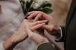 Groom wears golden wedding ring on the bride finger. Wedding ceremony