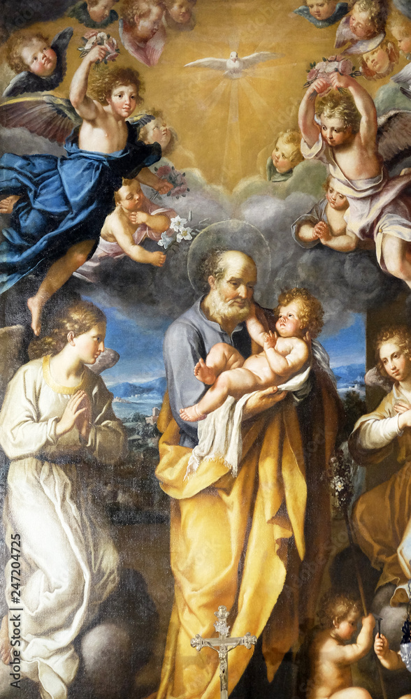 St Joseph with baby Jesus altarpiece by Francesco Cozza in Chapel Chapel of St Joseph, Basilica di Sant Andrea delle Fratte, Rome, Italy  - obrazy, fototapety, plakaty 