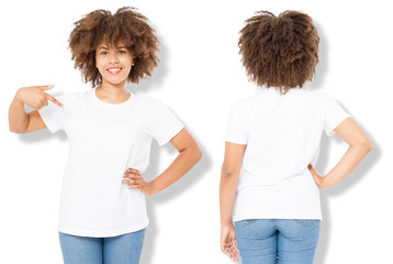 Wall Mural - African american girl in white t shirt template and shadow on isolated wall background. Blank t shirt design. Front and back view. Mock up and copy space
