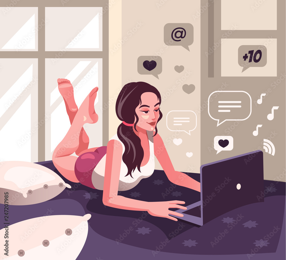 Young woman laying bed in room home house and working online. Web internet  communication education freelance work home office concept. Vector flat  graphic design cartoon illustration Stock Vector | Adobe Stock, image size:1000x910