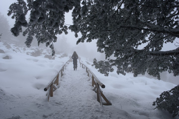 Woman walks on a bridge in the winter mountain