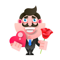 Businessman With Flowers And Gift. Happy Birthday, Valentine s Day. Vector Illustration In Paper Style.