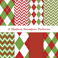 Christmas Red And Green Argyle And Chevron Zigzag Stripes Vector Patterns. Xmas Sweater Backgrounds. Knitwear Fabric Prints. Pattern Tile Swatches Included.