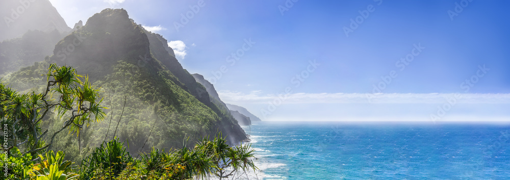 Scenic ocean paradise panorama, Na Pali Coast State Park on the island Kauai, Hawaii - obrazy, fototapety, plakaty 