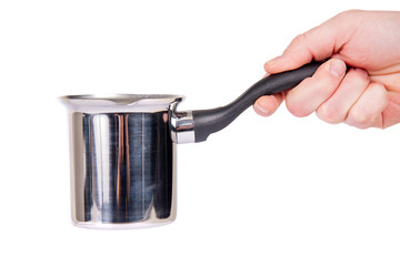 Man holds a stewpan, isolated on white background, close-up.