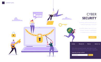 Poster - internet password security concept landing page. man steal secure finance data from laptop. internet
