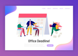 Wall Mural - Office Business Manager Work Overtime at Deadline Landing Page. Stress Character Complete Task under Hard Boss Pressure. Conflict Time Report Website or Web Page. Flat Cartoon Vector Illustration