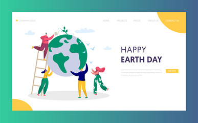 Poster - Earth Day Man Save Green Planet Environment Landing Page. People of World Water Plant for Ecology Celebration Preparation. Nature Globe Ecology Website or Web Page. Flat Cartoon Vector Illustration