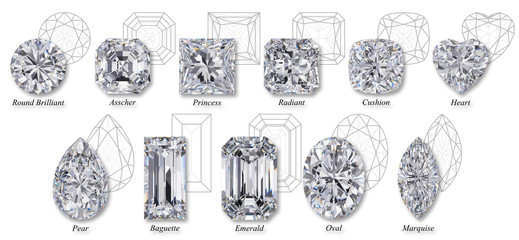 Eleven popular diamond cut styles with faced diagrams, titles, isolated on white background