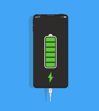 Smartphone, Mobile Phones In Realistic Style With Energy Battery Indicator Icon With Indicator, Level Of Charge, Usb Cable. Vector Illustration. Blue Background.