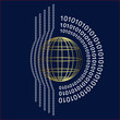 © ID-EasyDoor - Logo pour une entreprise d’informatique composé d’une sphère or sur un fond bleu nuit entourée des chiffres du code de base de l’informatique 0 et 1.
