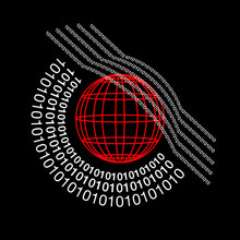 Logo Pour Une Entreprise D’informatique Composé D’une Sphère Rouge Sur Un Fond Noir Entourée Des Chiffres Du Code De Base De L’informatique 0 Et 1.