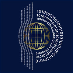 logo pour une entreprise d’informatique composé d’une sphère or sur un fond bleu nuit entourée des c