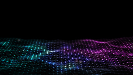 Poster - 3d abstract digital technology background. Futuristic sci-fi user interface concept with gradient dots and lines. Big data, artificial intelligence, music hud. Blockchain and cryptocurrency