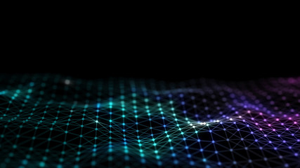 Poster - 3d abstract digital technology background. Futuristic sci-fi user interface concept with gradient dots and lines. Big data, artificial intelligence, music hud. Blockchain and cryptocurrency