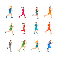 Sticker - Cartoon Color Jogging Characters People Set. Vector