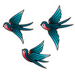 Oldschool Traditional Tattoo Vector Birds. Flying swallows