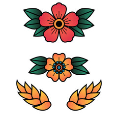 Wall Mural - Oldschool Traditional Tattoo Vector Flowers with 5 Petals