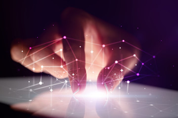 Poster - Finger touching tablet with global network concept and dark background
