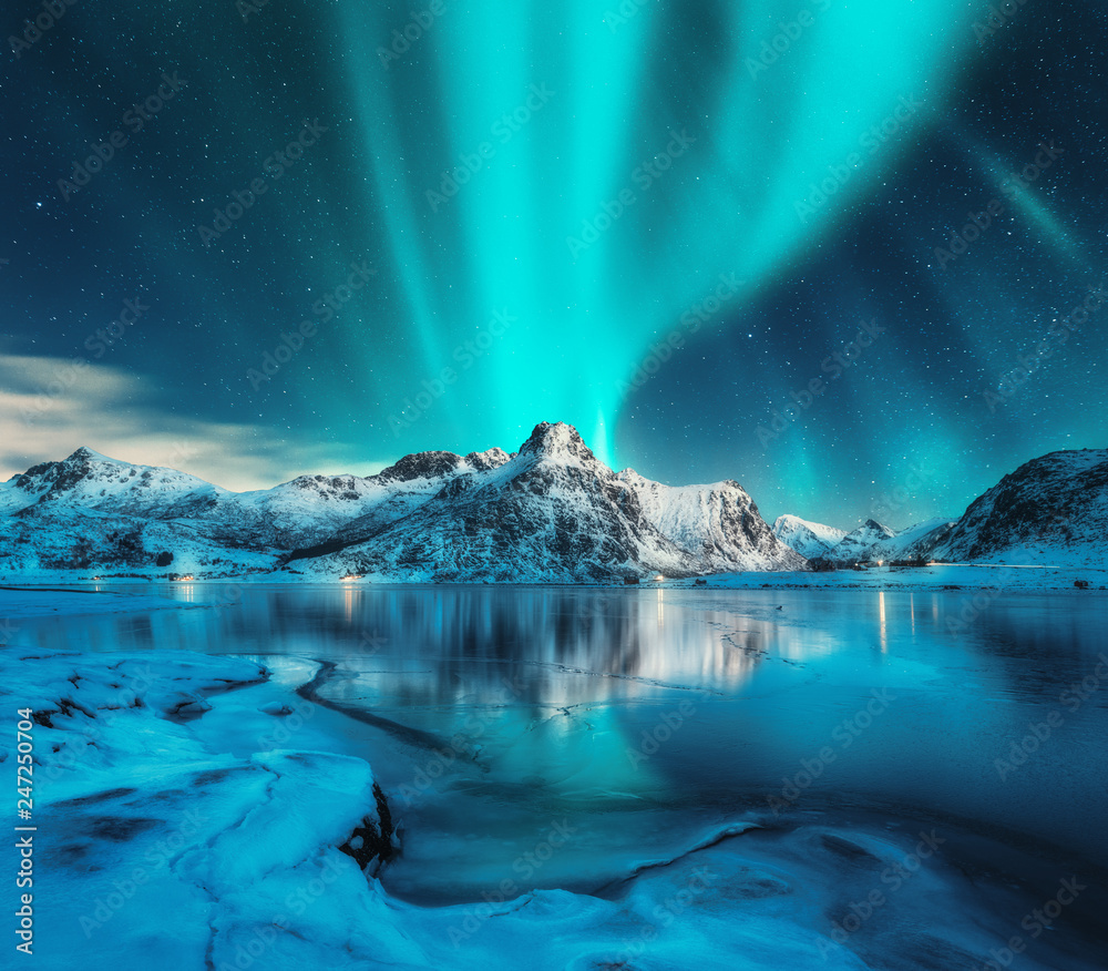 Aurora borealis over snowy mountains, frozen sea coast, reflection in water at night. Lofoten islands, Norway. Northern lights. Winter landscape with polar lights, ice in water. Starry sky with aurora - obrazy, fototapety, plakaty 