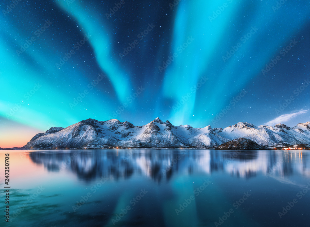 Northern lights and snow covered mountains in Lofoten islands, Norway. Aurora borealis. Starry sky with polar lights and snowy rocks reflected in water. Night winter landscape with aurora, sea. Nature - obrazy, fototapety, plakaty 