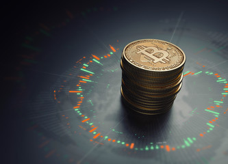 Poster - bitcoin coins and trading chart scene (3d illustration)
