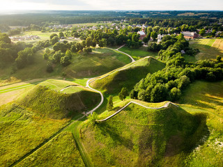 Aerial view of Kernave Archaeological site, a medieval capital of the Grand Duchy of Lithuania, tourist attraction and UNESCO World Heritage Site.