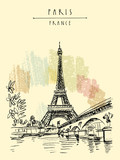Fototapeta Boho - Eiffel Tower in Paris, France. Vintage hand drawn touristic postcard