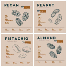 Nutrition Facts Of Nut. Pecan, Peanut, Pistachio And Almond.