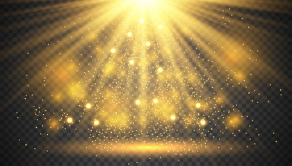 Wall Mural - transparent glow light effect with sunray.gold glitter powder splash background. golden dust. magic 