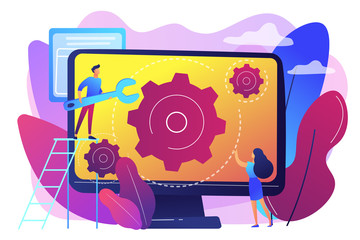 Wall Mural - Computer technician with wrench repairing computer screen with gears. Computer service, laptop repair center, notebook setup service concept. Bright vibrant violet vector isolated illustration
