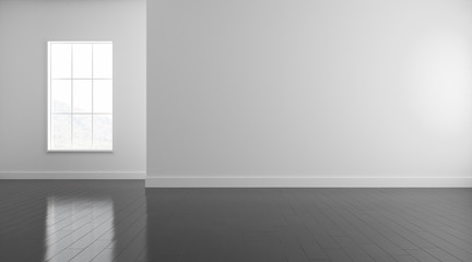 Fototapete - 3D stimulate of white empty room and dark laminate floor with sun light cast shadow on the wall,Perspective of minimal design architecture