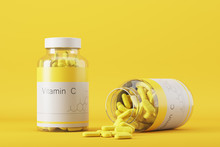 Two Bottles Of Vitamin C On A Yellow Background. Food Additives Scattered On The Surface. Mock Up. 3d Rendering