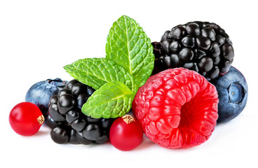 Berries mix isolated on white background. Raspberry, Red currant,  Blueberry and Blackberry with leaves