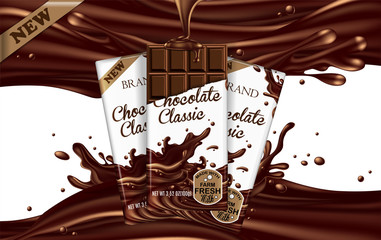 Mockup advertising chocolate. Three chocolate bars on liquid chocolate texture background. 3D vector. High detailed realistic illustration