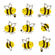Set of kawaii honey bees isolated on white