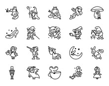 Fairy Tales Icons Set. Set Of Fantasy Related Vector Line Icons. Set Of 20 Minimal Fable Icons.