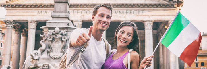 Wall Mural - Italy travel tourists panoramic banner of people couple at Pantheon in Rome visiting famous landmark. Europe summer vacation panorama holiday.