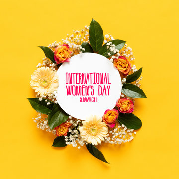 happy women's day background. floral flat lay greeting card template with beautiful various flowers.