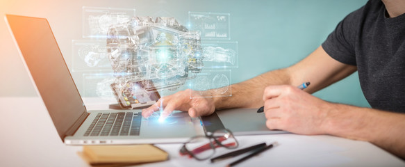 Poster - graphic designer using wireframe holographic 3d digital projection of an engine