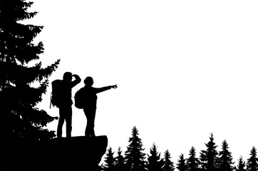 Wall Mural - realistic illustration of a silhouette of two tourists, men and women with backpacks. it stands on t