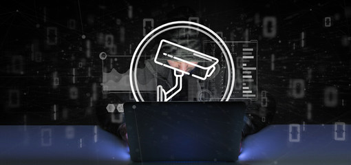 Poster - Hacker man holding Security camera system icon and statistics data - 3d rendering