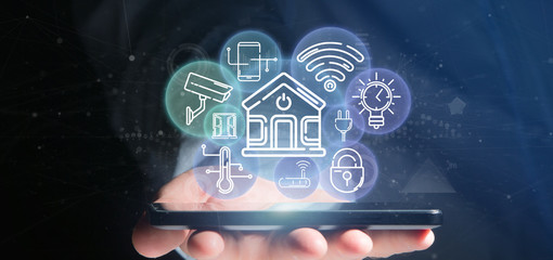 Poster - businessman holding smart home interface with icon, stats and data 3d rendering
