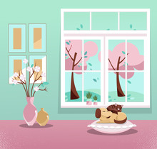 Window With A View Of Pink Trees In Blossom And Flying Leaves. Springinterior With Sleeping Cat And Dog, Vases, Pictures On Mint Wallpaper. Sweet Home. Cozy Interior. Flat Cartoon Vector Illustration.