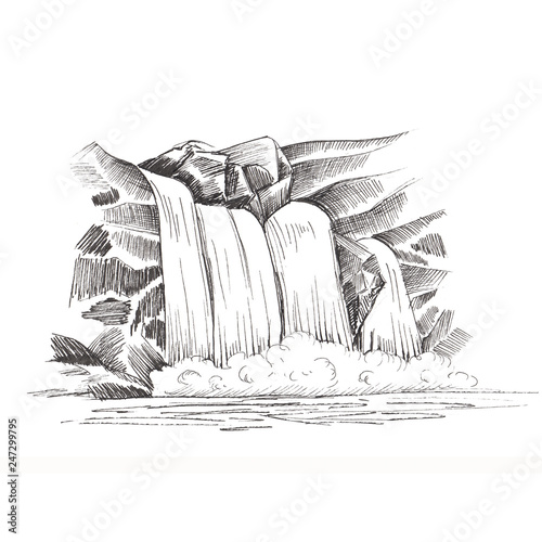 Waterfall Sketch Cascade Waterfall In The Rocks Hand drawn waterfall-sketch-cascade-waterfall-in-the-rocks-hand-drawn