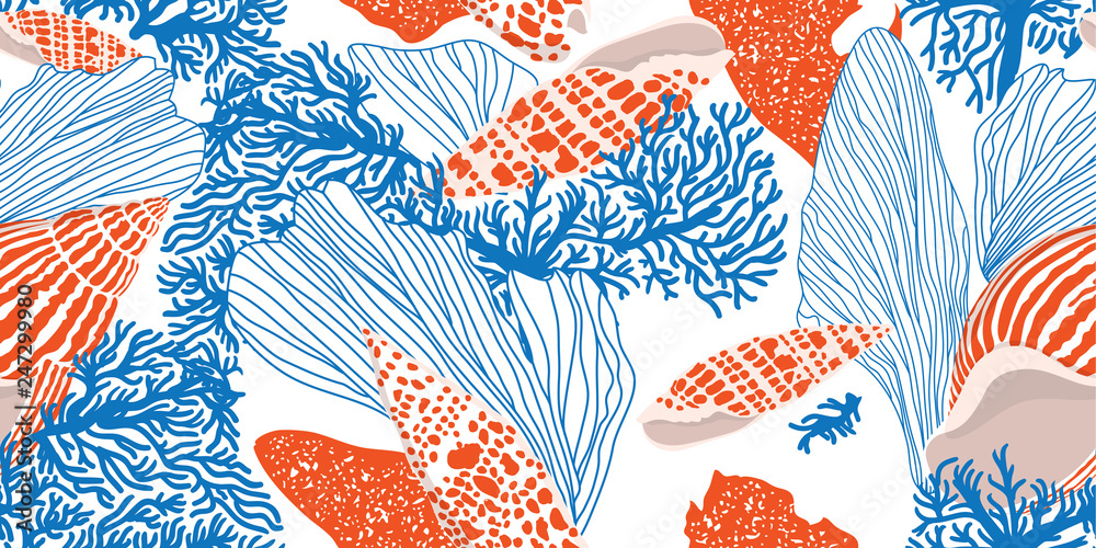 Сontemporary seamless pattern with shells, algae and corals. Hand-drawn ...