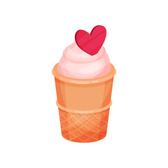 Wall Mural - Ice-cream in waffle cup with pink heart. Tasty dessert. Sweet food. Flat vector for Valentine s day postcard