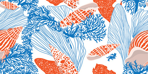 Wall Mural - Сontemporary seamless pattern with shells, algae and corals. Hand-drawn vector illustration for printing, fabric, textile, manufacturing, wallpapers. Sea bottom